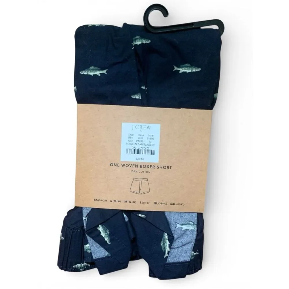 J. Crew Woven Boxer Shorts Navy Fish Print Men’s 100% Cotton, Medium (32-34) New